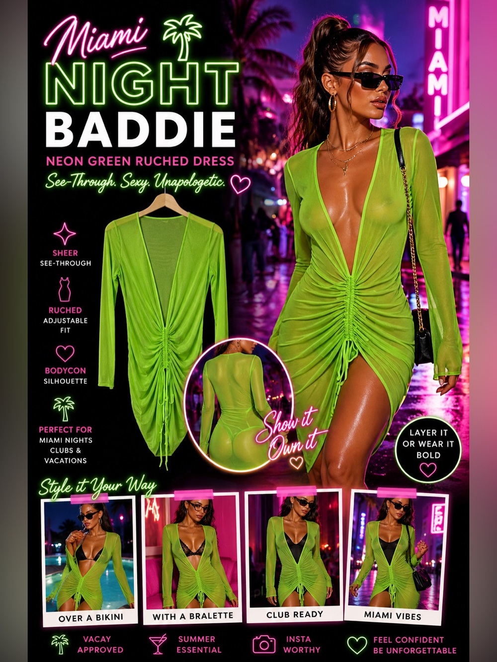 Neon Green Sheer Ruched Bodycon Mini Dress | Y2K Club / Miami Baddie